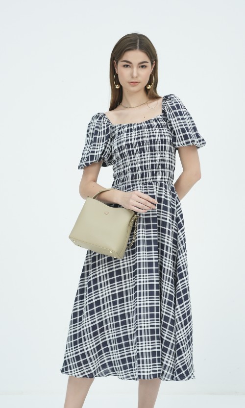 SIXDO G-Navy Short Sleeves Woven Flared Dress for Women
